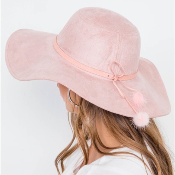 LAST 1- Pink Faux Suede Floppy Bow - Tie Pom Pom - Picture 2 of 3